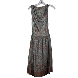 Twelfth Street Silk Sustainable Luxury Boho Midi Dress Teal Brown Petite P